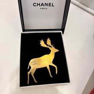 Vintage CHANEL 2001 Gold Stag deer Brooch with pear cc logo